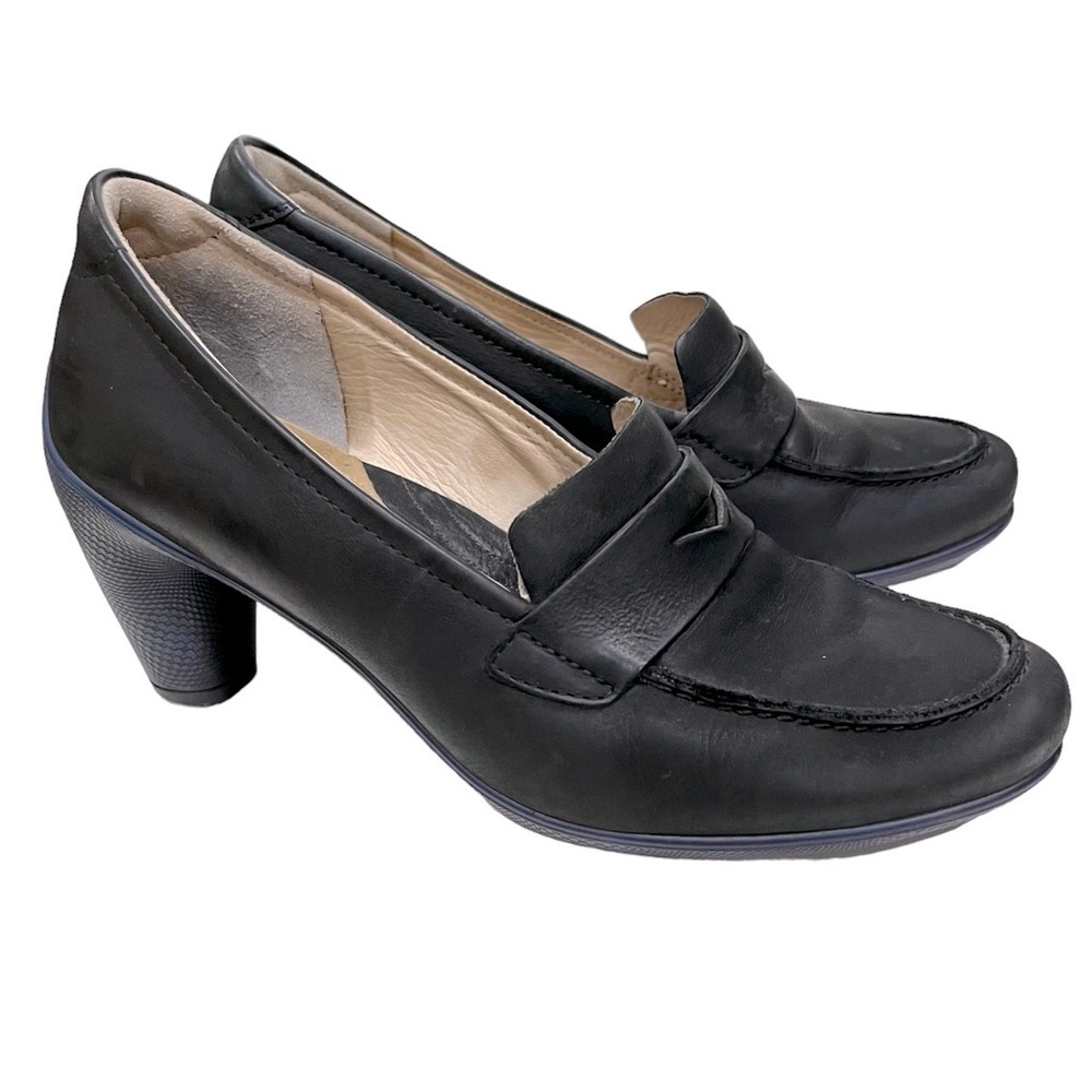 Ecco black leather blue heeled loafers size 39
